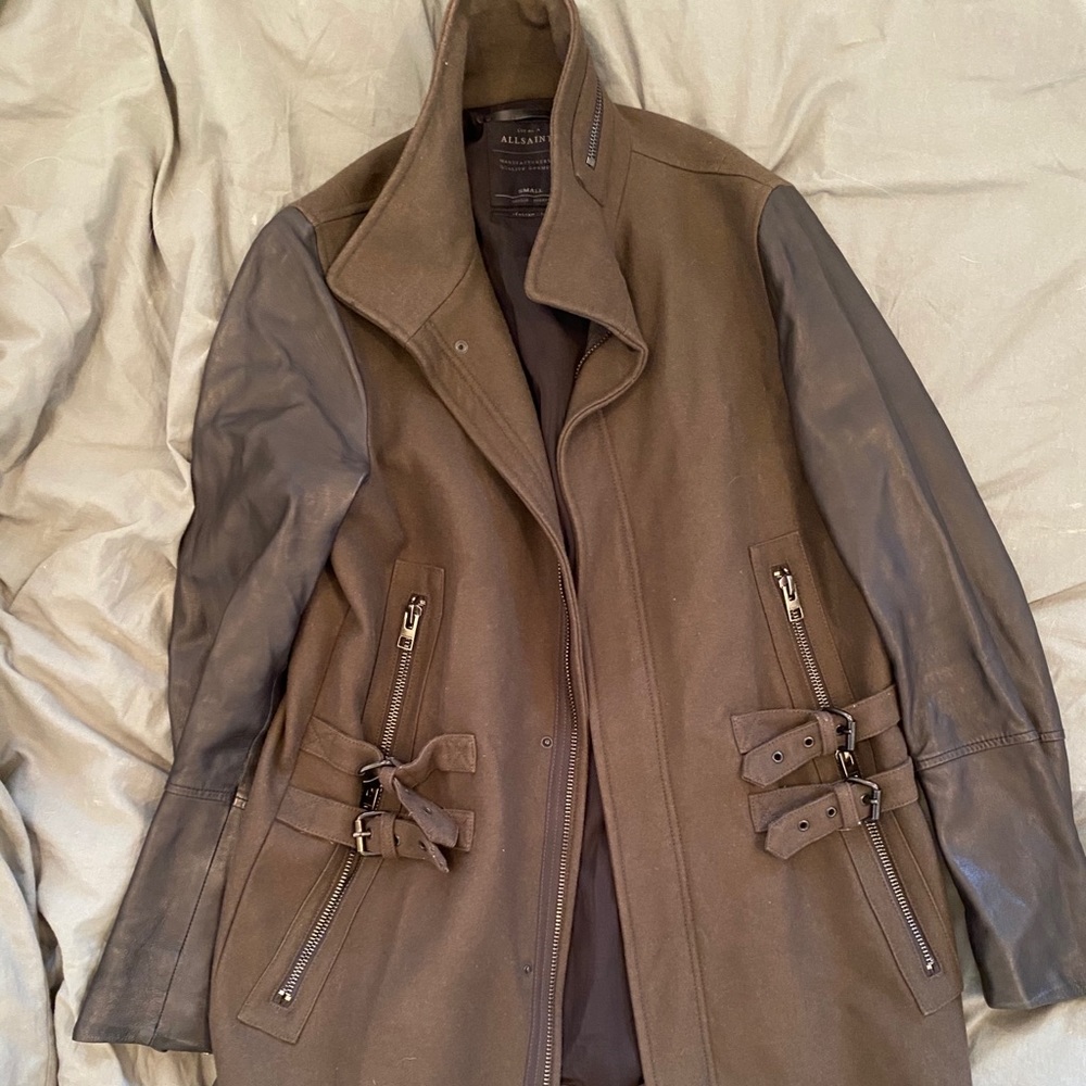 All Saints leather and wool trench coat